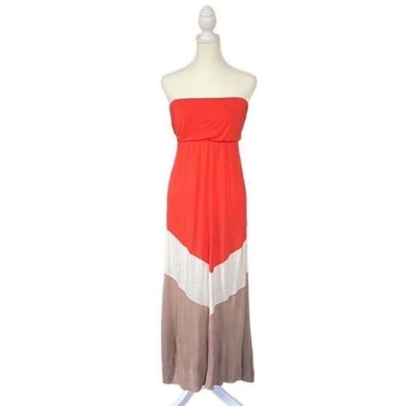 Love Culture Orange & Tan Chevron Color Block Strapless Maxi Summer Dress Medium - Picture 1 of 10